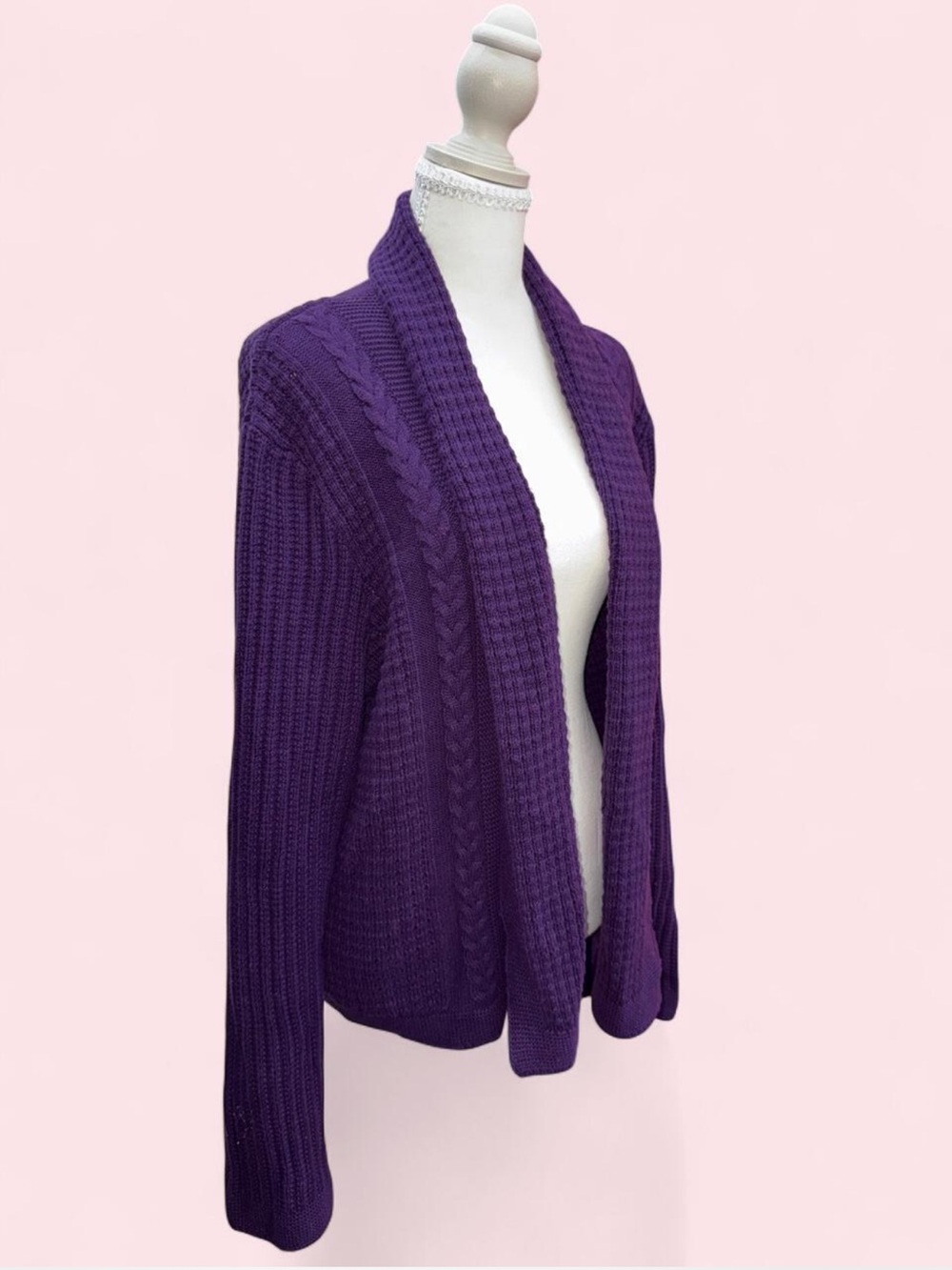 Purple Open-Front Cable Knit Women’s Sweater Cardigan